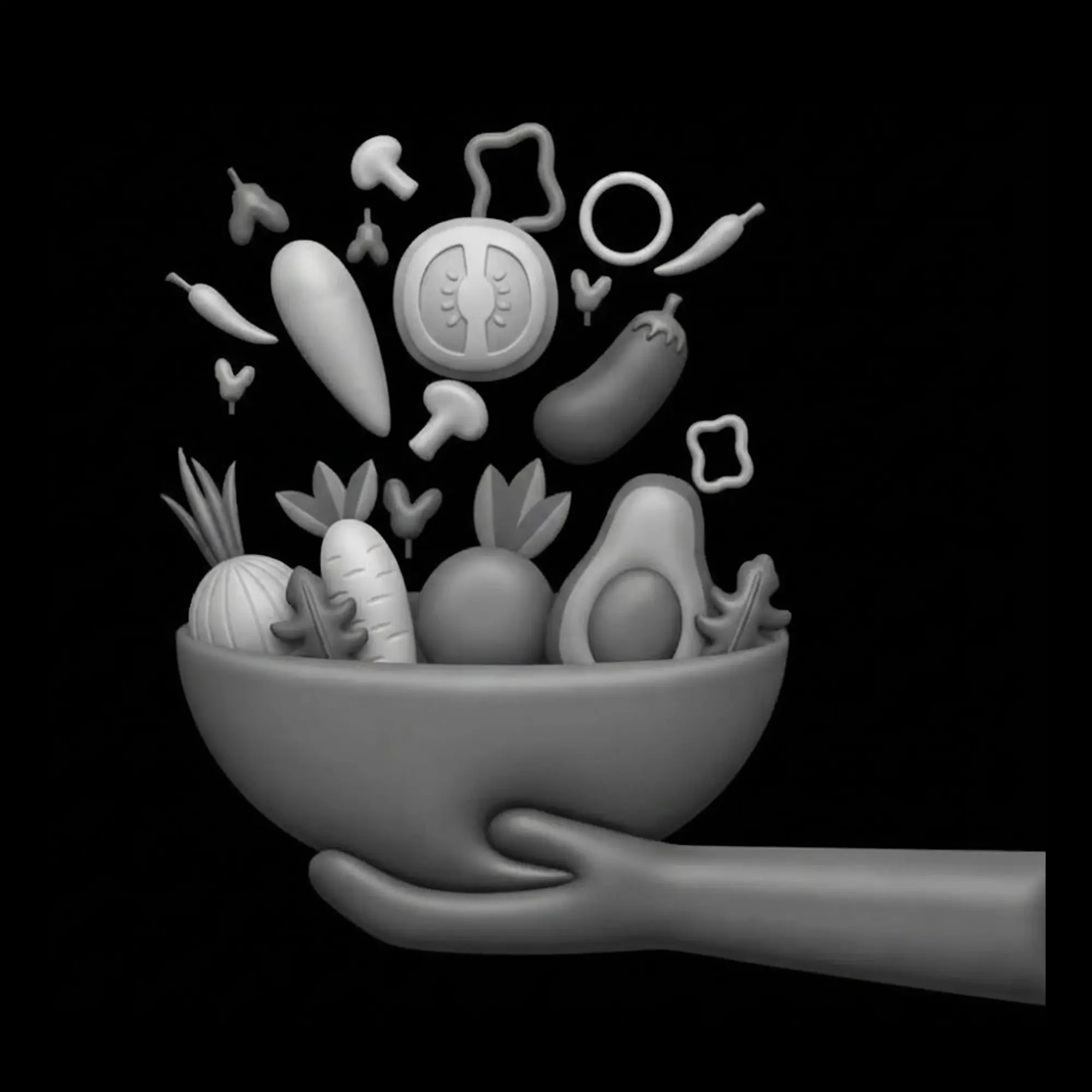 A hand holding a bowl of vegetables