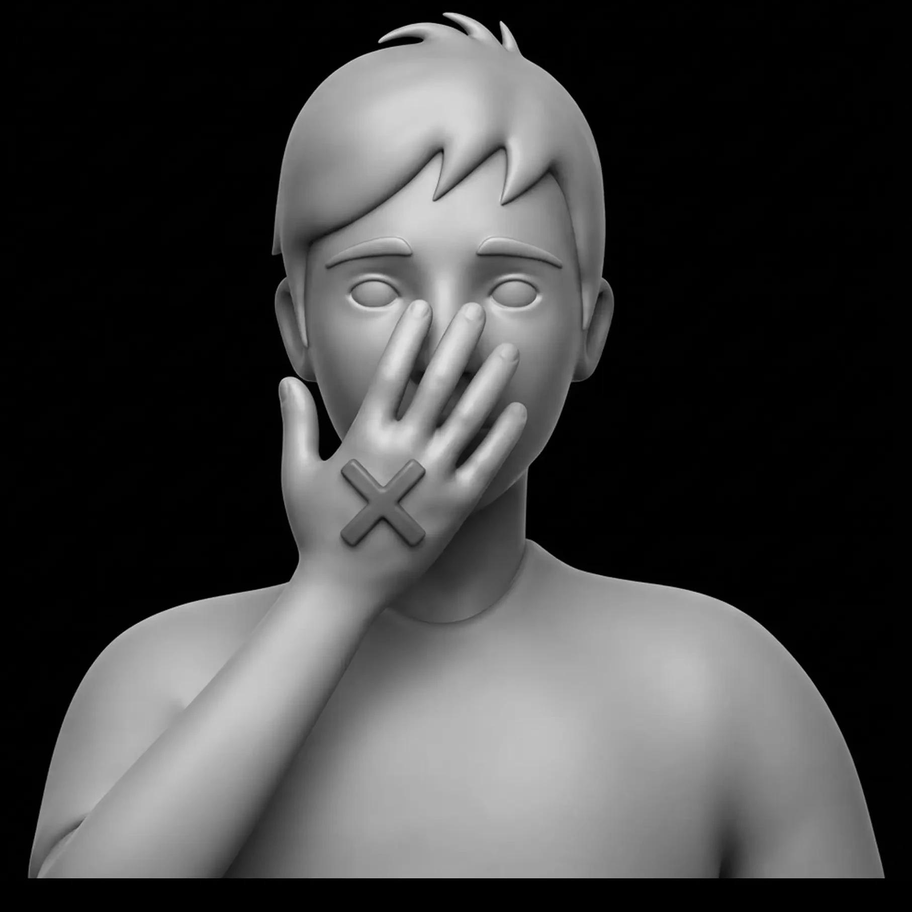 A person covering their mouth with a hand marked with an X