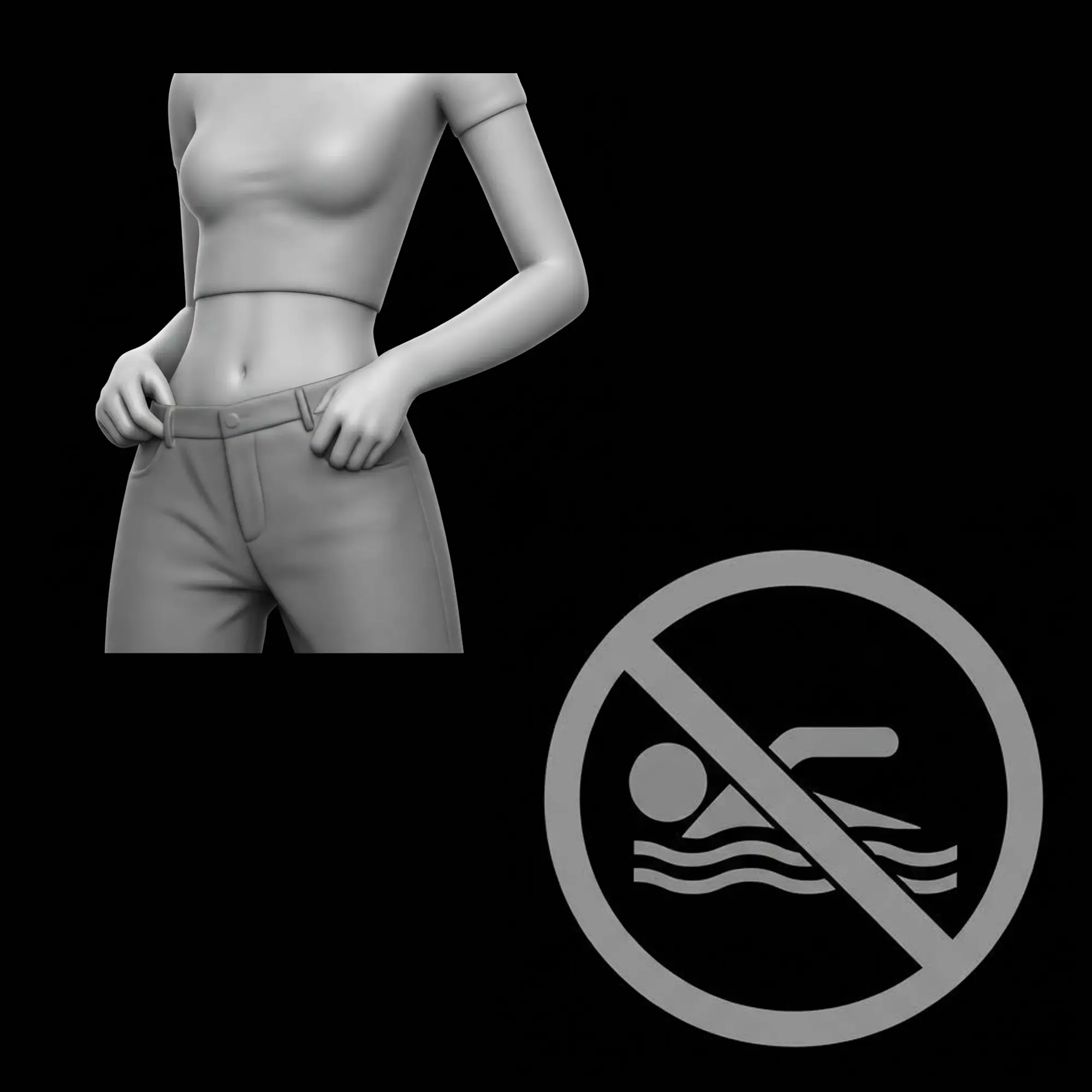 A torso in a crop top and jeans, beside a no-swimming sign