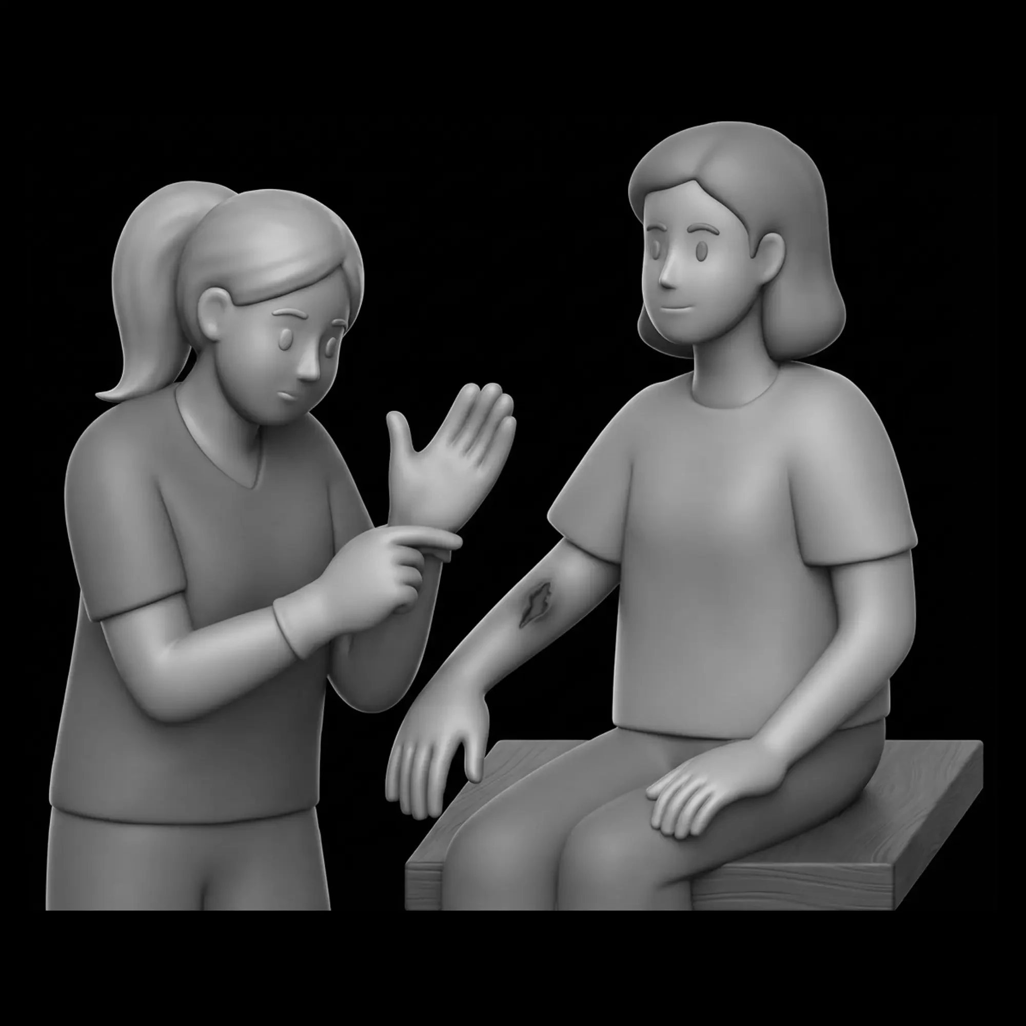One person checking a wound on another person's arm